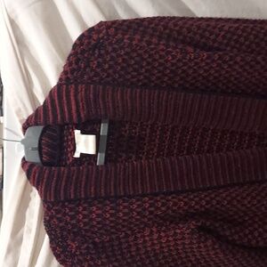 Black and Red Maroon Open Long Open Cardigan with Long Sleeves and Shawl Collar